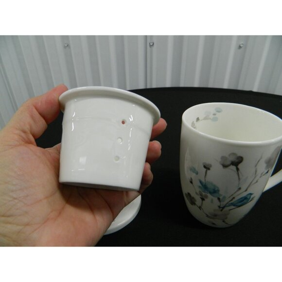 Novel Korea Ceramic Tea Infuser Mugs Lids & Strainers Floral Bird Design Set  2 - Picture 10 of 16
